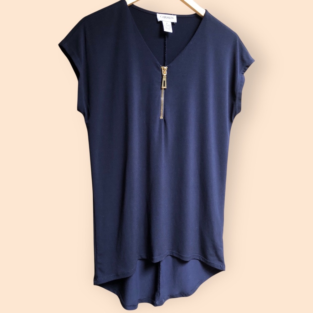 Carmen Marc Valvo Navy Blue Short Sleeved Blouse Top Gold Zipper Women’s Small - Picture 4 of 9